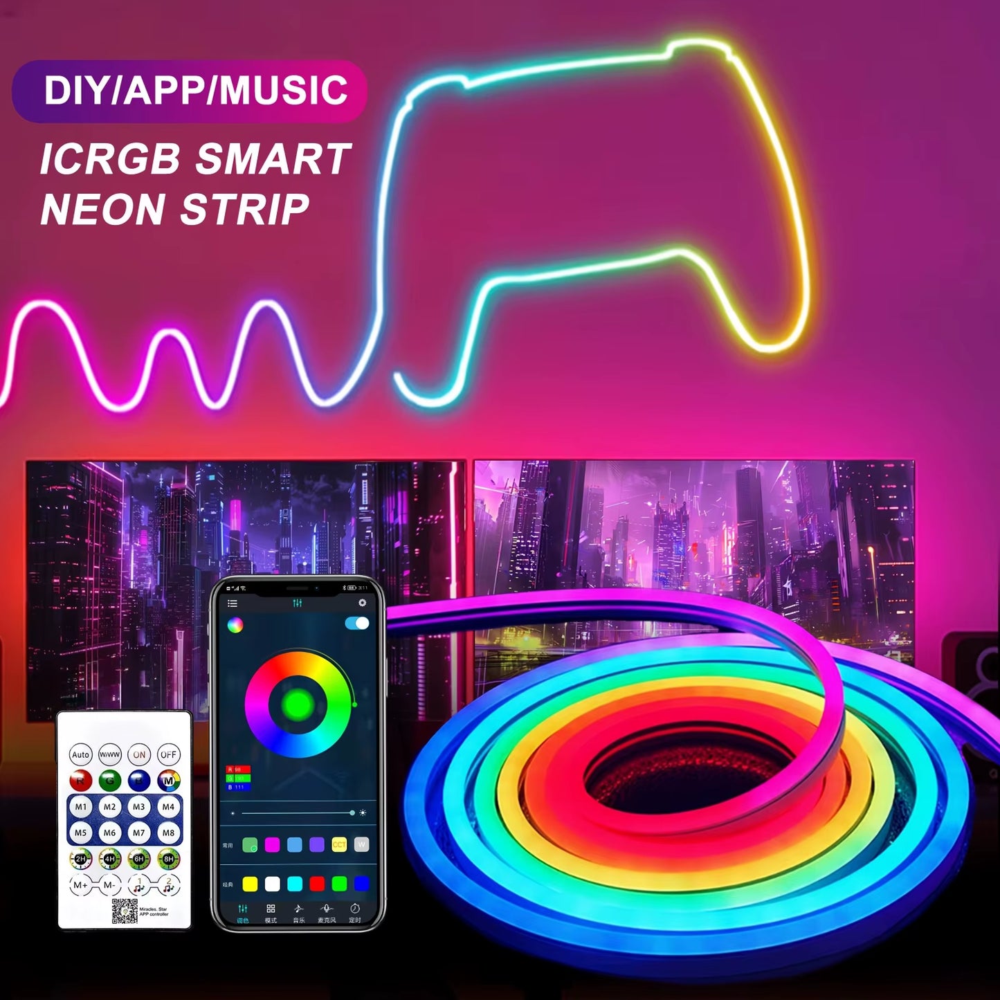5V USB RGBIC Neon LED Strip Lights with Bluetooth APP Control Music Sync Waterproof Flexible Tape for Gaming Room Party Decor