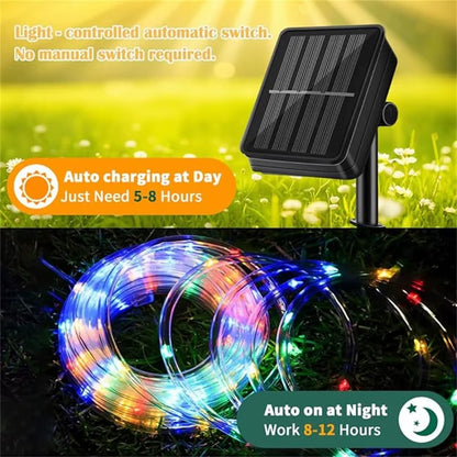 Solar 200 LED Rope Light Waterproof Outdoor Solar Powered Fairy Lights 8 Mode Christmas for Garden Yard Holiday Tree Decor Light