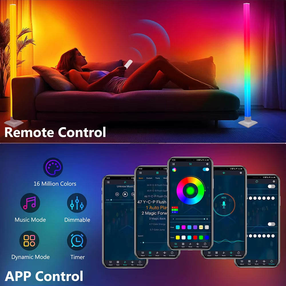 RGB Floor Lamp LED Corner Lamp Smart Modern Floor Lamp with Music Sync Remote Control Standing Lamp for Bedroom Living Room