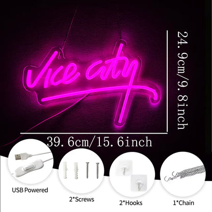 Vice City Neon Sign, Led Pink Letter Light, Used for Bedroom, Game Room, Club, Bar, Man Cave Art Decor, Usb Powered Light.