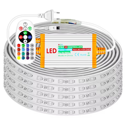 RGB 220V LED Strip Light Waterproof 15M 30M 50M Flexible Led Ribbon 5050 Led Tape Outdoor Led Strip 220 V IP68 1500W EU Plug