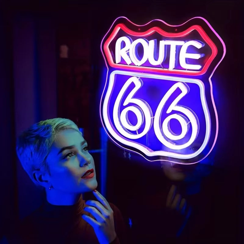 Historic Route 66 Neon Sign, Home Art Man Cave Neon Lights, for Bedroom Home Office Hotel Cafe Recreation Room Wall Decor