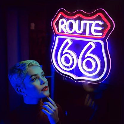 Historic Route 66 Neon Sign, Home Art Man Cave Neon Lights, for Bedroom Home Office Hotel Cafe Recreation Room Wall Decor