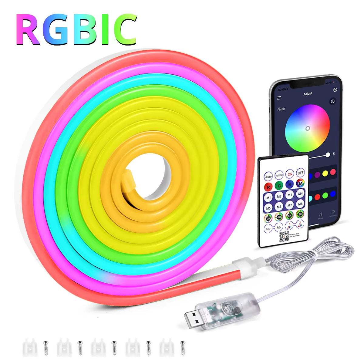 5V USB RGBIC Neon LED Strip Lights with Bluetooth APP Control Music Sync Waterproof Flexible Tape for Gaming Room Party Decor