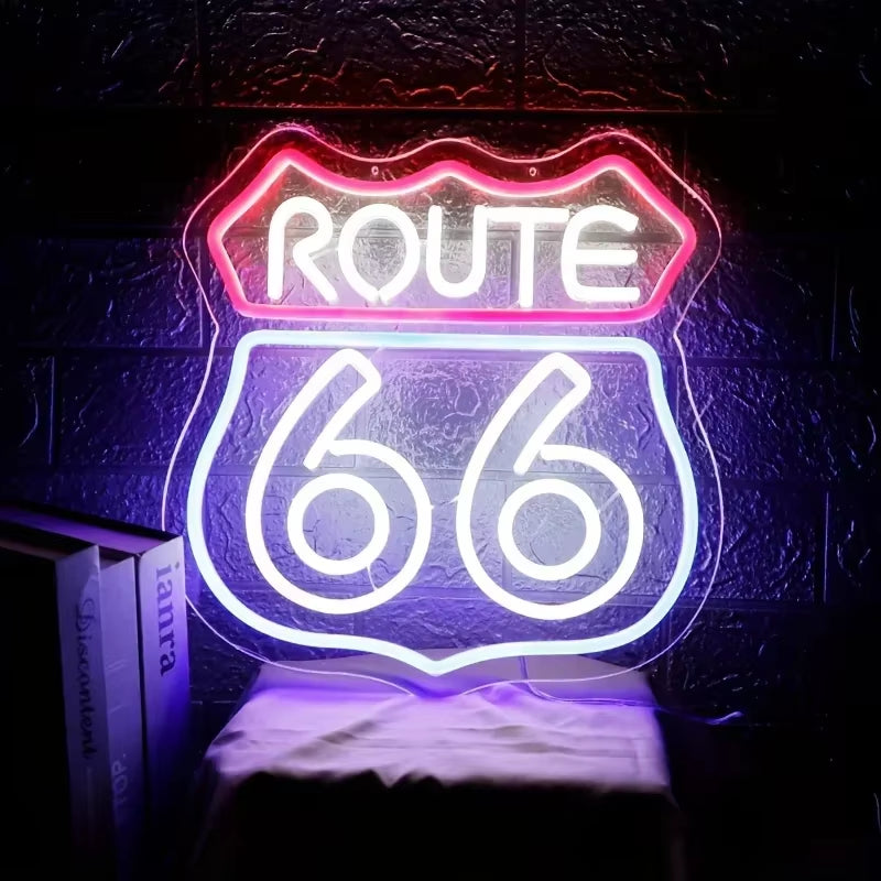 Historic Route 66 Neon Sign, Home Art Man Cave Neon Lights, for Bedroom Home Office Hotel Cafe Recreation Room Wall Decor