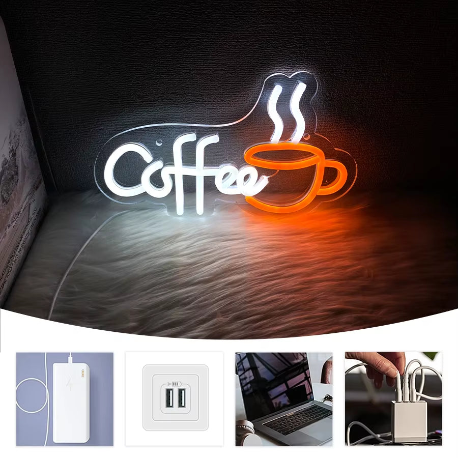 Coffee Neon Sign, Coffee Cup Led Sign Usb Power Supply Light, Suitable for Coffee Shop Business Decor, Coffee Lovers Gifts.