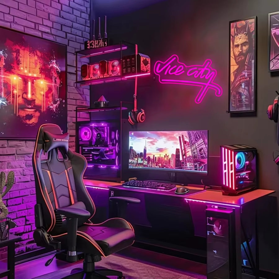 Vice City Neon Sign, Led Pink Letter Light, Used for Bedroom, Game Room, Club, Bar, Man Cave Art Decor, Usb Powered Light.