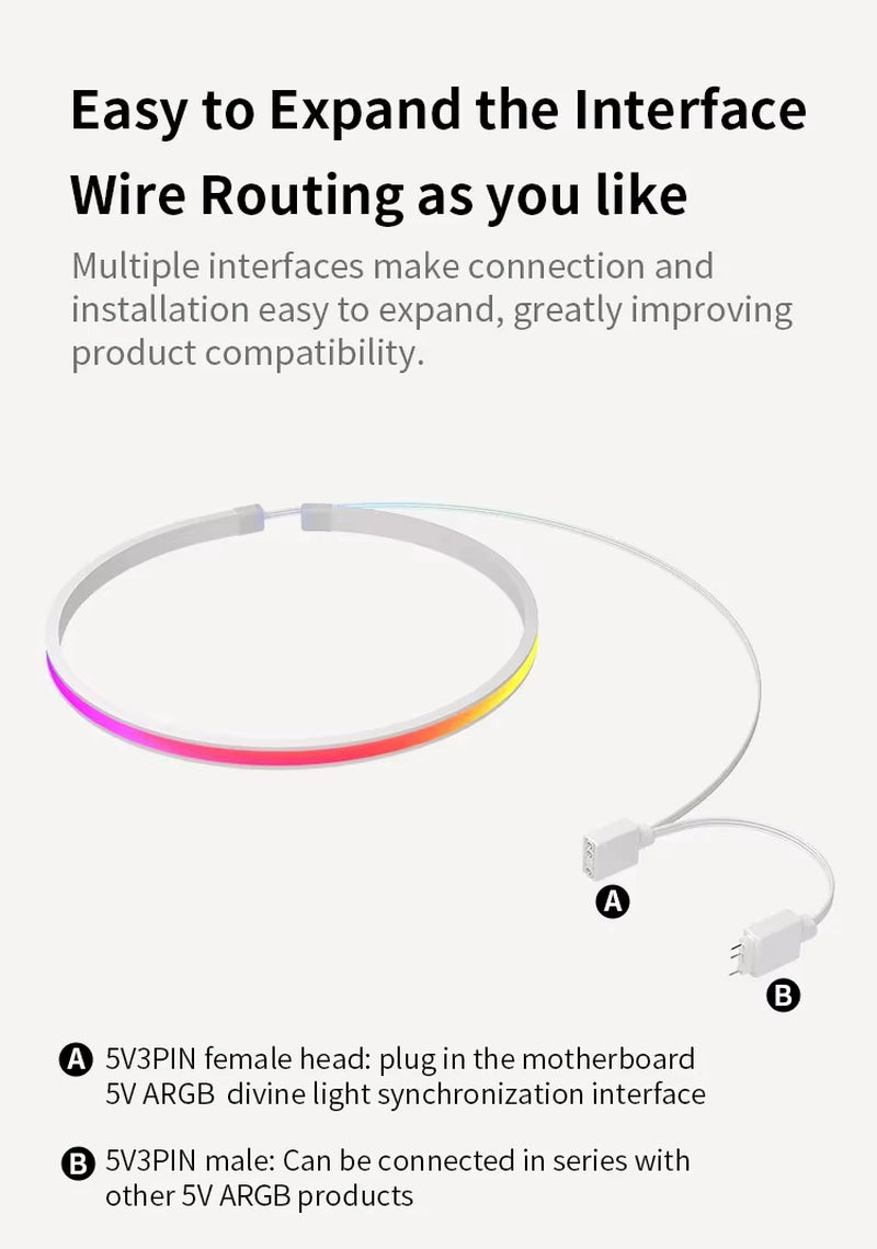 Soft Neon Addressable Rainbow PC Ws2812B LED Strip Light for 5V 3Pin ARGB Header PC Case Asus Aura Sync RGBIC Fusion MSI Mystic