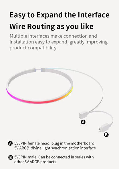 Soft Neon Addressable Rainbow PC Ws2812B LED Strip Light for 5V 3Pin ARGB Header PC Case Asus Aura Sync RGBIC Fusion MSI Mystic