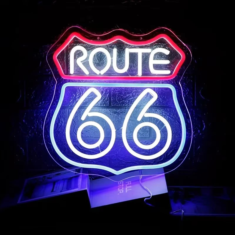 Historic Route 66 Neon Sign, Home Art Man Cave Neon Lights, for Bedroom Home Office Hotel Cafe Recreation Room Wall Decor