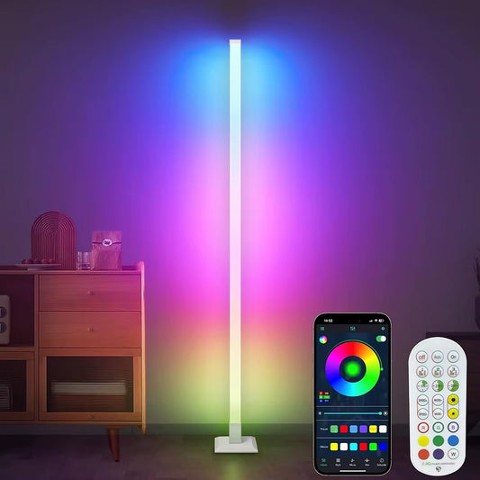 RGB Floor Lamp LED Corner Lamp Smart Modern Floor Lamp with Music Sync Remote Control Standing Lamp for Bedroom Living Room