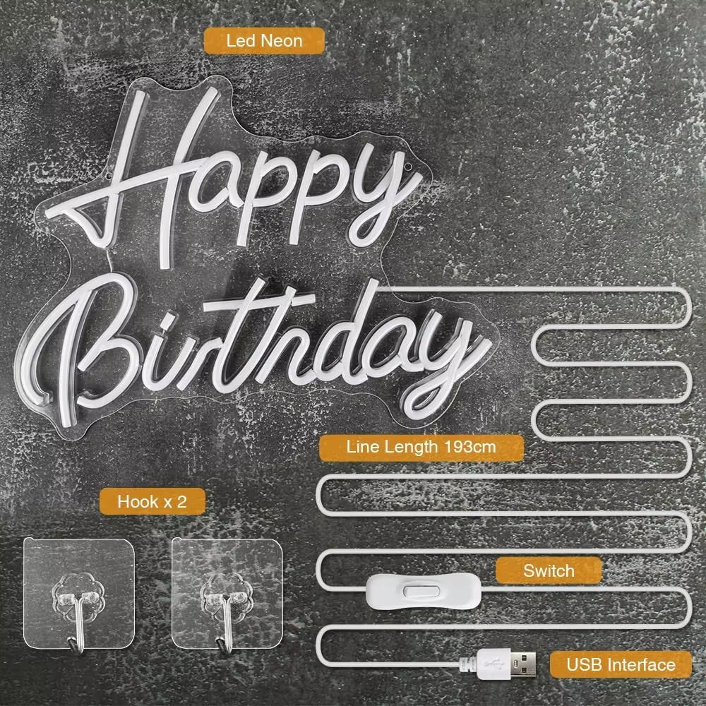 LED Neon Happy Birthday Neon Sign Wall Art Bedroom Living Room Party Backdrop Decor Lamp Light up Sign USB Powered